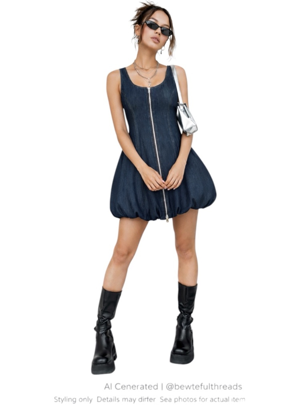 Boom Boom Jeans L Blue Denim Bubble Dress Zip Front Y2K Indie Sleaze